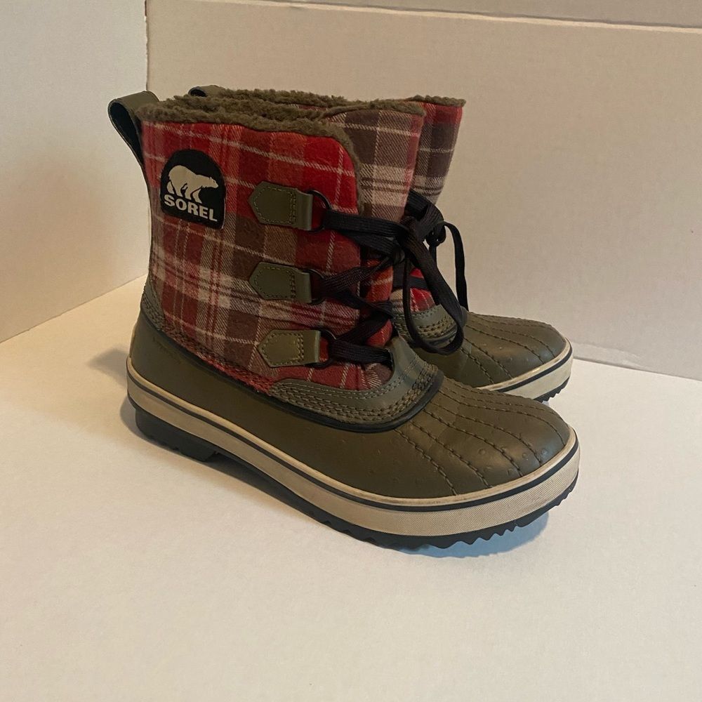 Sorel Tivoli Plaid Rain Ankle Booties Insulated Duck Boots Snow Hiking Olive 7